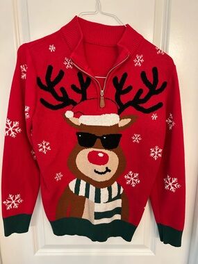 Ugly Christmas Sweater Reindeer Quarter Zip Red Holiday Sweater Size Small